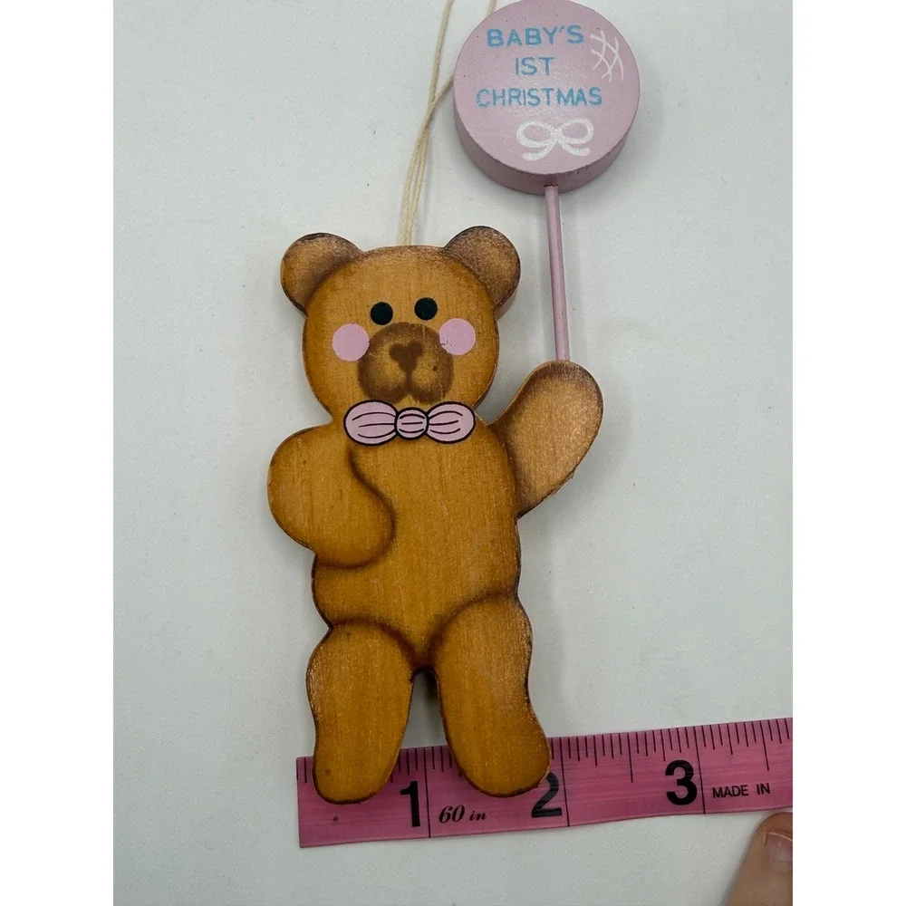 Vintage Style Wooden Teddy Bear Baby's 1st Christmas Ornament Pink Balloon Brown